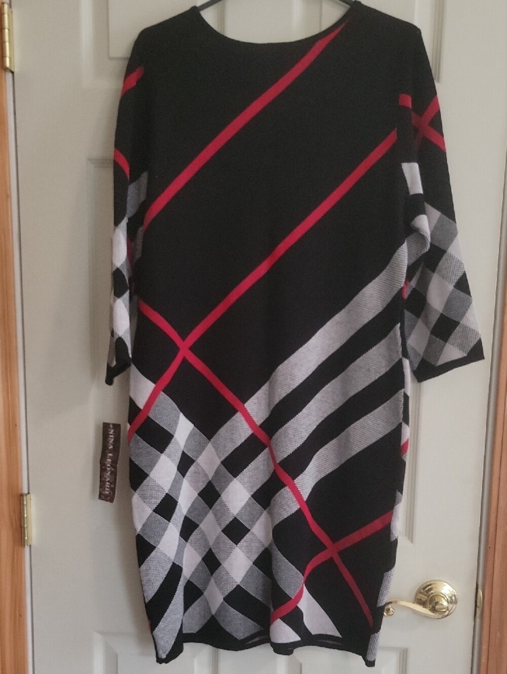 Nina Leonard Black Knit Midi Dress with Black,  Red and White Plaid Stripes - Picture 16 of 16